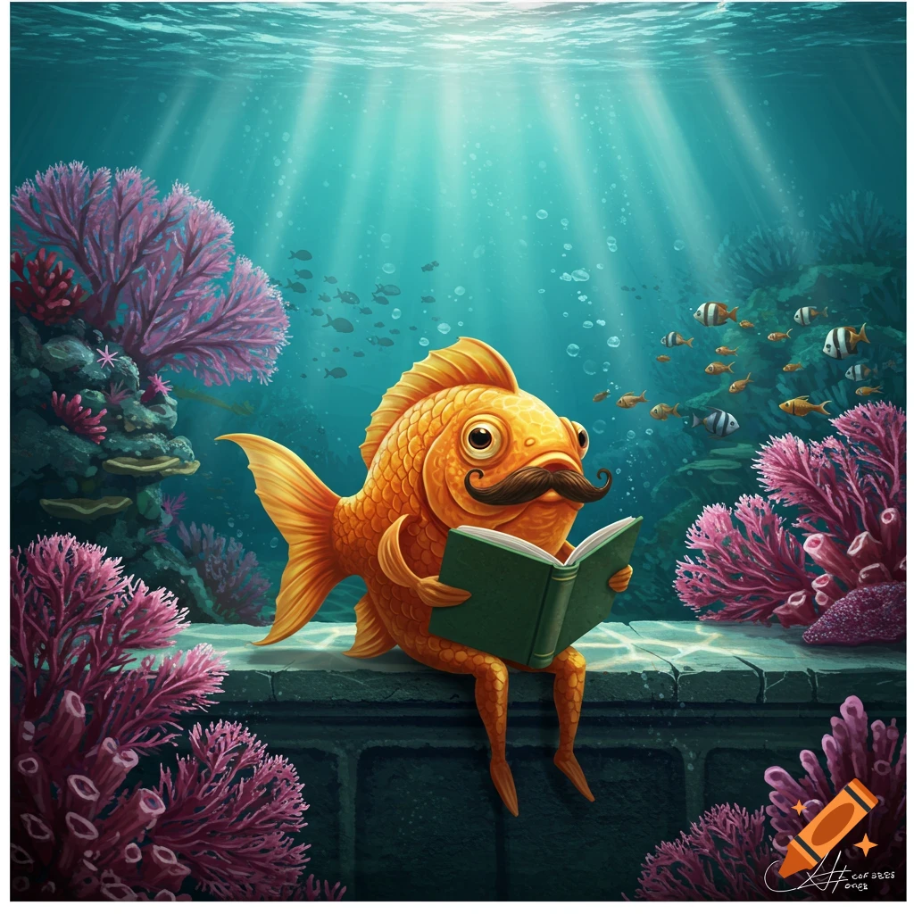A whimsical orange goldfish with a handlebar mustache and human-like legs sits underwater on a stone ledge, reading a green book amidst vibrant pink coral, small fish, and sunlight streaming from above.