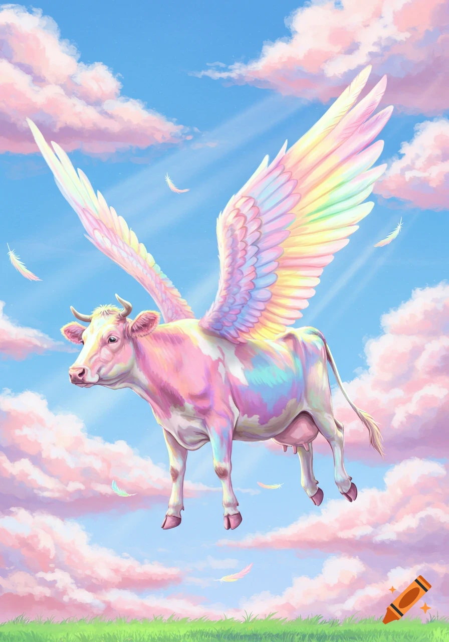 A pastel rainbow-colored cow with large iridescent angel wings flies in a bright blue sky with pink clouds above green grass, in an illustration style.