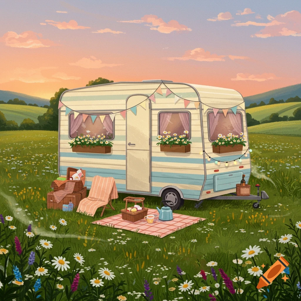 An illustrated retro caravan with bunting and fairy lights in a wildflower field at sunset, a picnic set nearby.