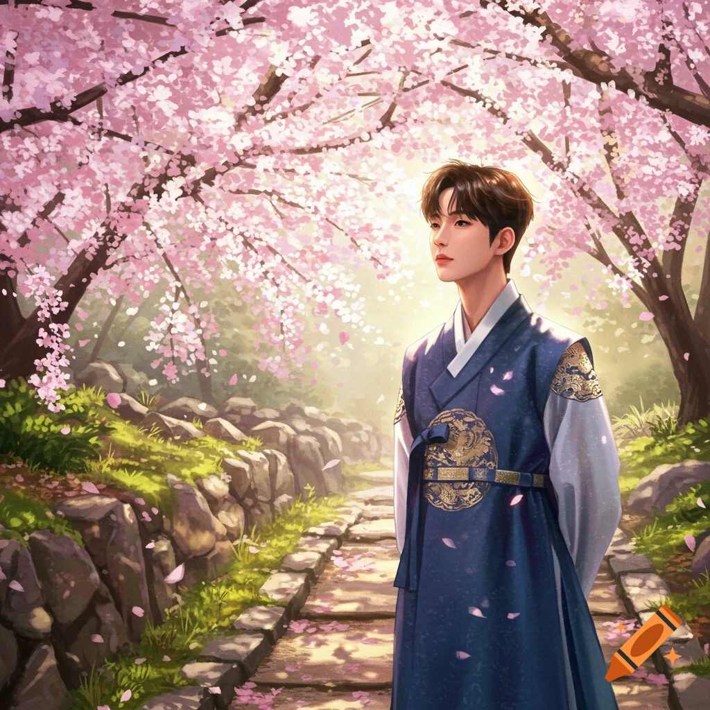 A man in a blue hanbok stands on a stone path under blooming pink cherry blossom trees in a vibrant, painterly style.