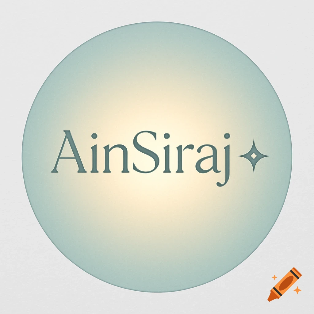 A circular logo with the name 'AinSiraj' and a star symbol in the center, on a glowing pastel blue and gold background.