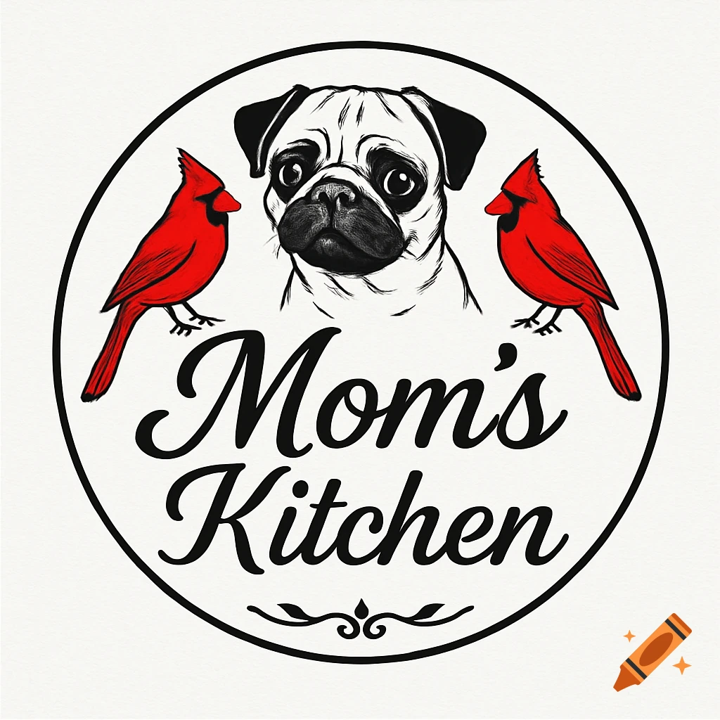 A round black and white logo with red cardinals, featuring a pug's face and the words 'Mom's Kitchen' in script.