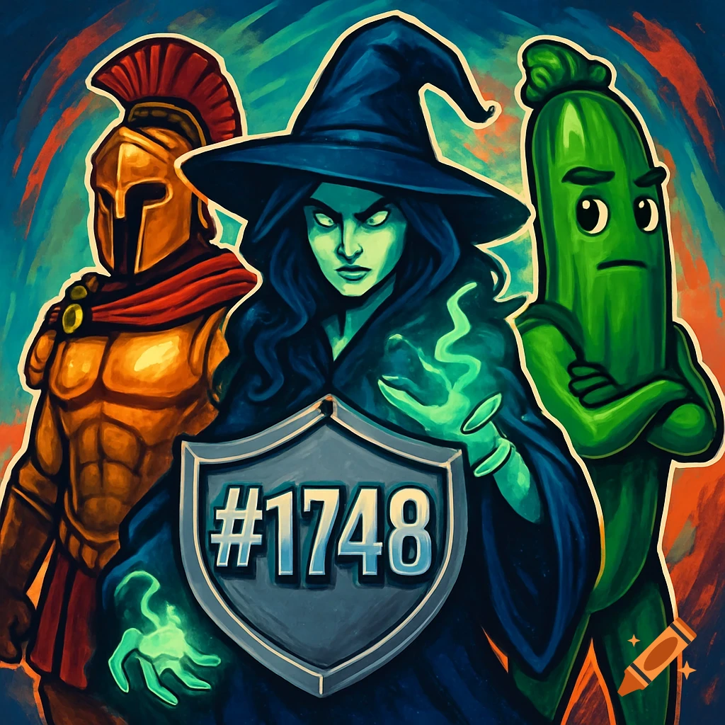 A stylized image featuring a witch, a Spartan warrior, and a humanized zucchini, with a shield displaying #1748.