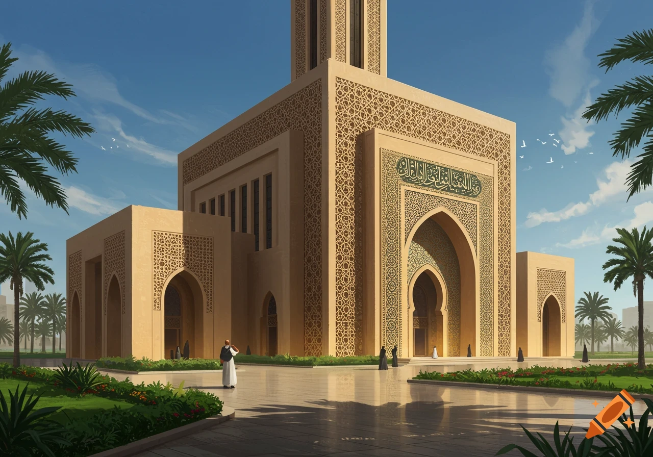 A grand mosque-like building with intricate Islamic architecture and a tall minaret, surrounded by green landscaping and palm trees under a blue sky, with people near the entrance.