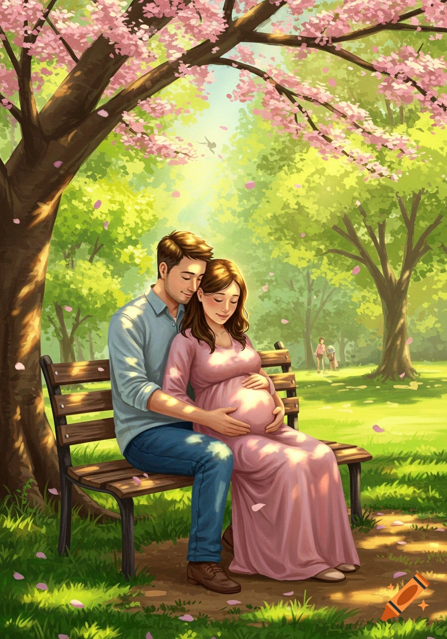 An illustration of a man embracing his pregnant wife on a park bench under a blooming cherry blossom tree.