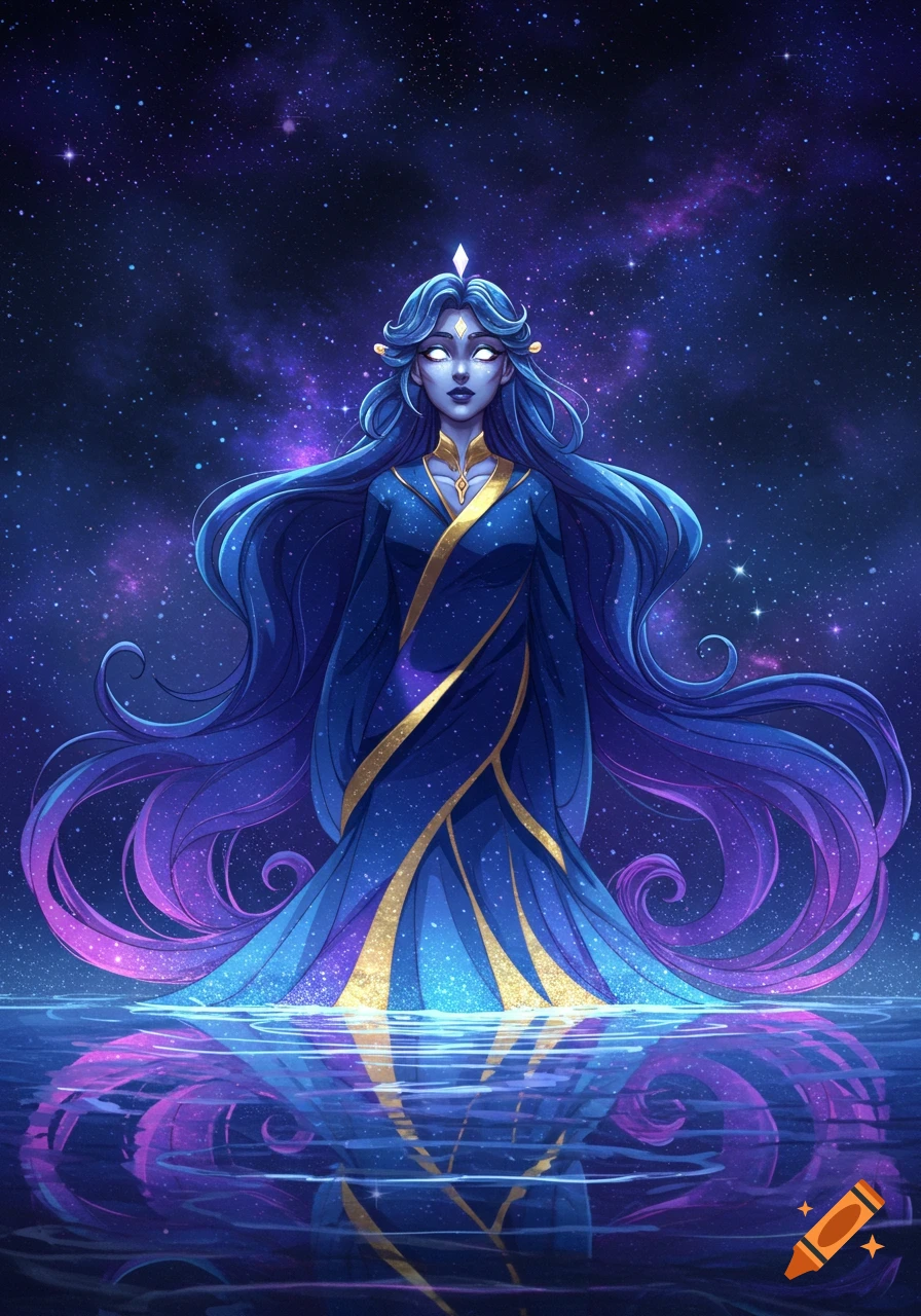 A mystical woman with long, flowing blue, star-dusted hair and dress stands in calm water, reflecting the galaxy night sky.