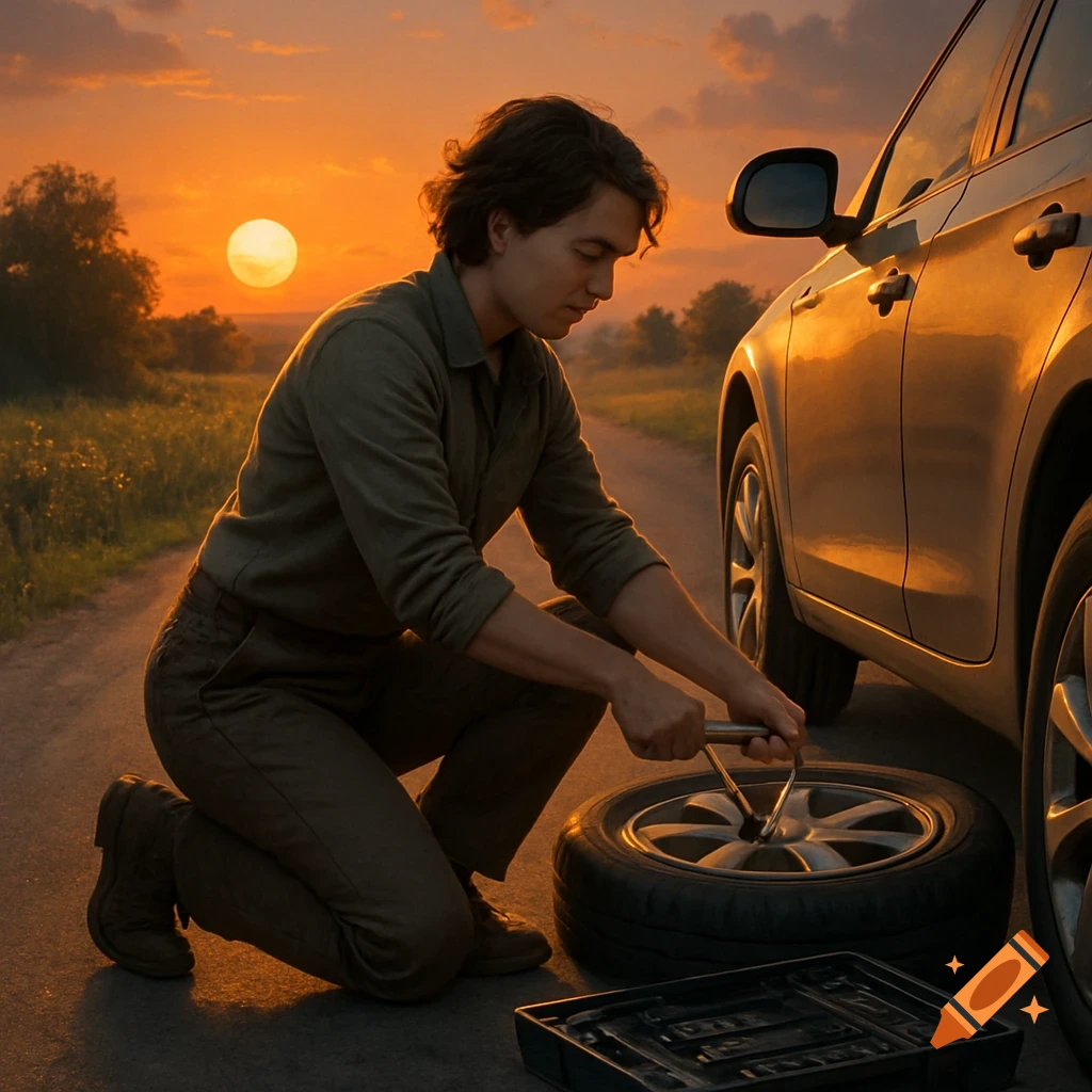 A man kneels beside a car on a dirt road at sunset, using a wrench to change a flat tire.