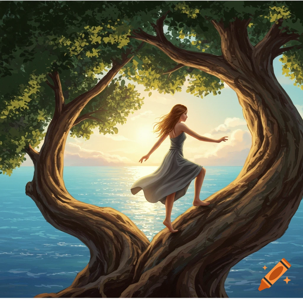 A woman in a grey dress climbs a large tree framing a sunset over a blue ocean, in an illustrative style.