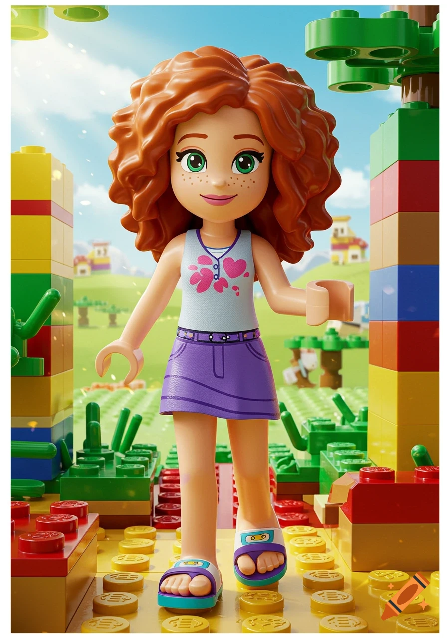 A full-body shot of a Lego Friends Olivia minifigure with orange curly hair and green eyes, wearing a white and pink tank top, purple skirt, and teal sandals, standing in a vibrant Lego landscape under a blue sky.