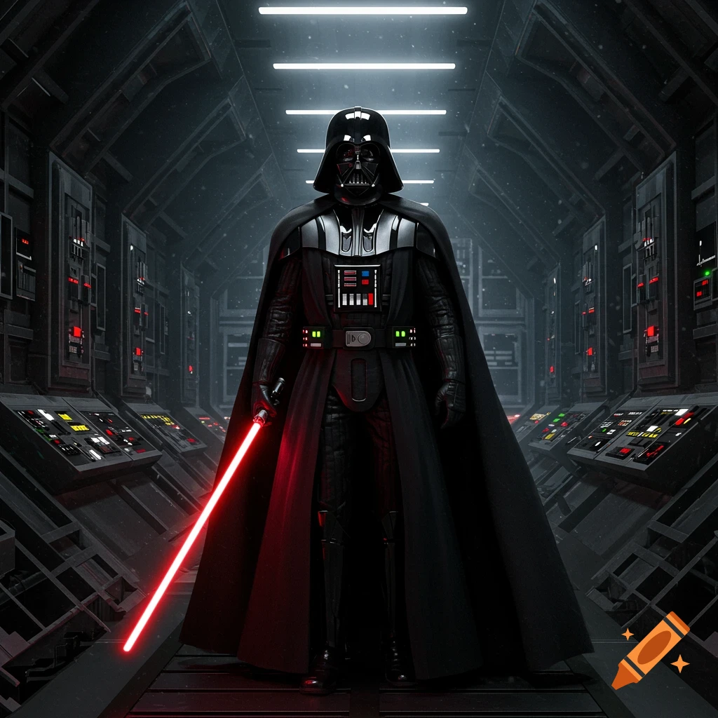 Darth Vader stands in a dimly lit spaceship corridor, holding a glowing red lightsaber in a photorealistic style.