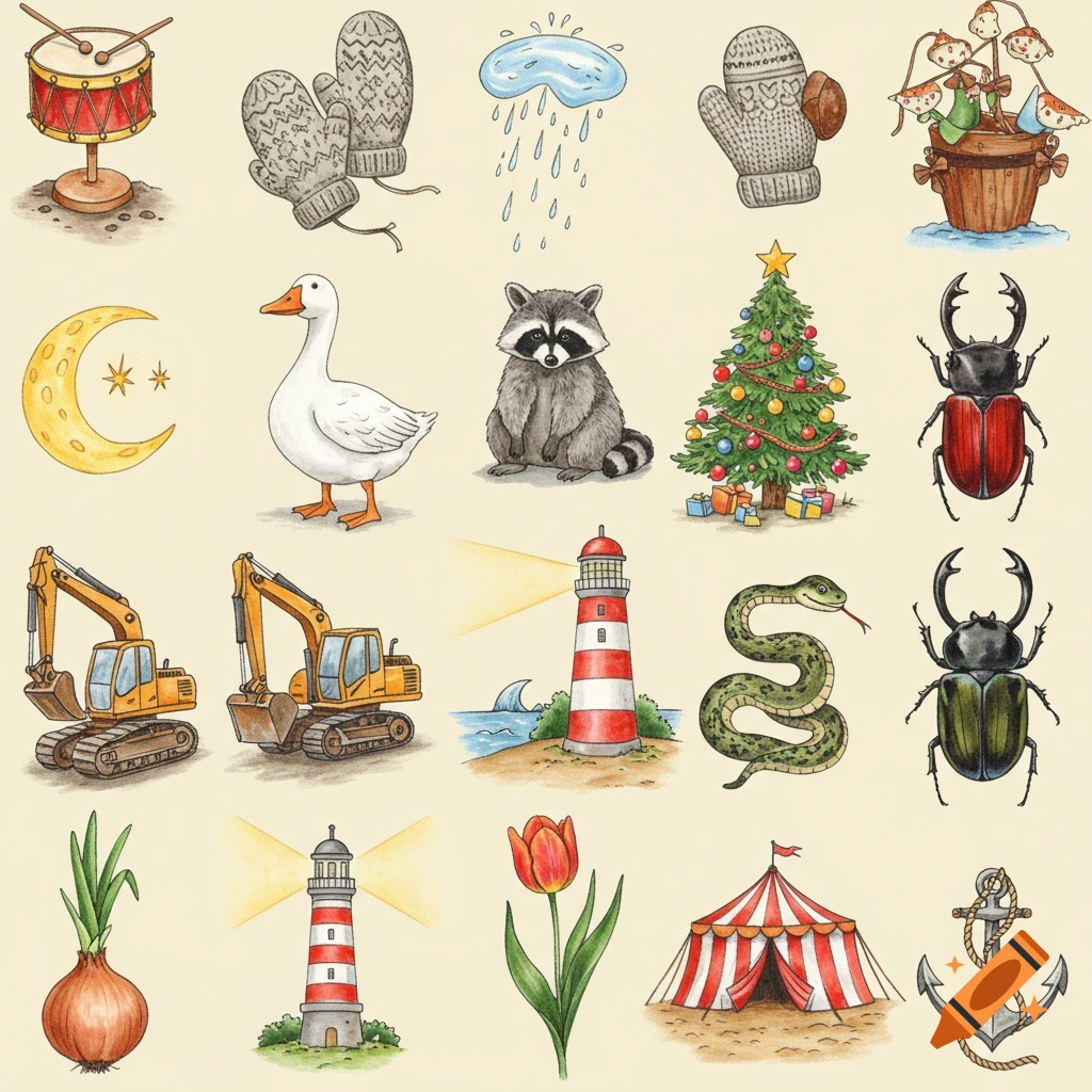 A grid of 18 colorful watercolor illustrations on a light background, featuring diverse objects like a drum, goose, raccoon, lighthouse, and anchor.
