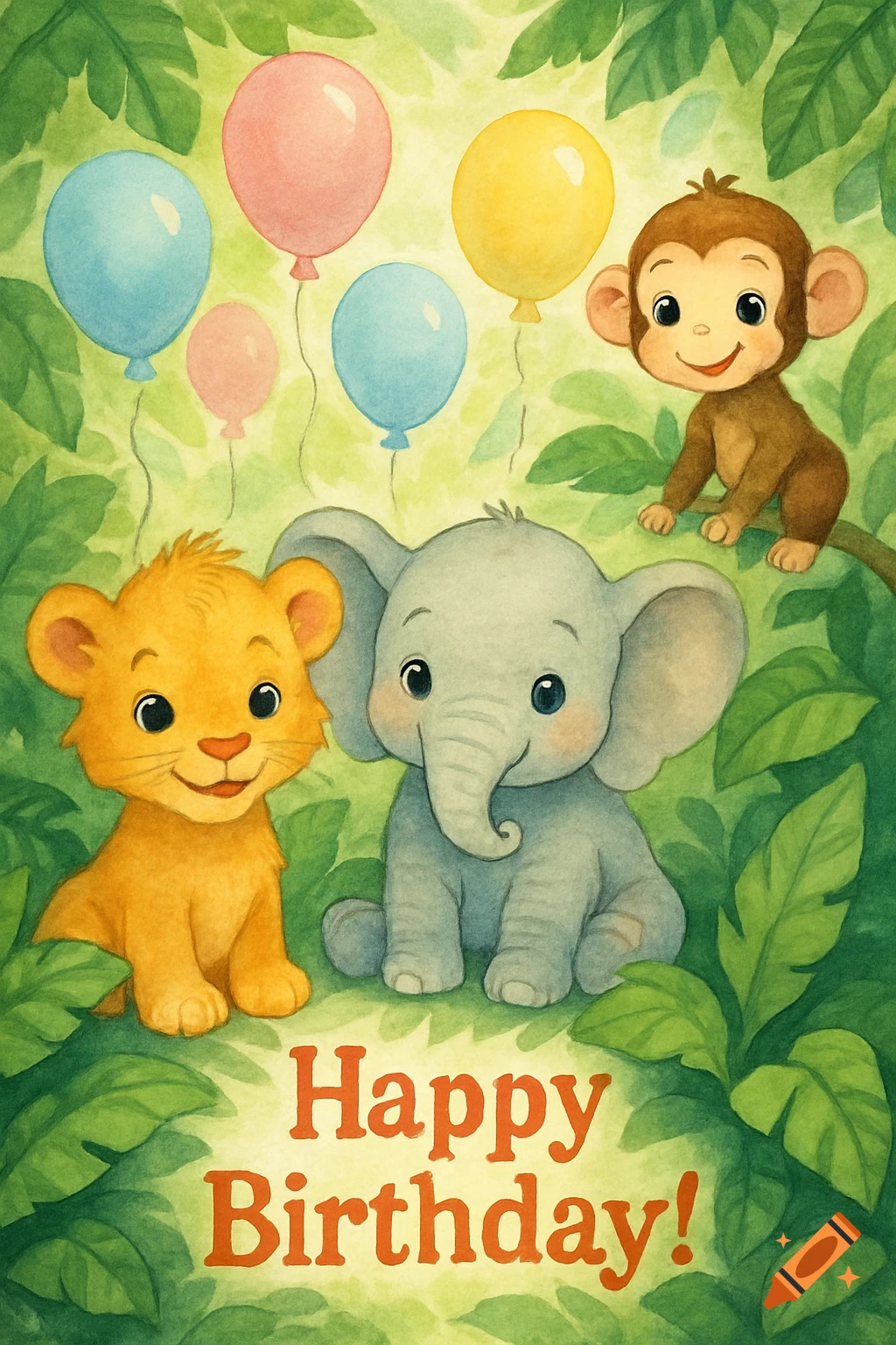 Watercolor illustration of a cute baby lion cub, elephant, and monkey with colorful balloons and 'Happy Birthday!' text among green jungle leaves.