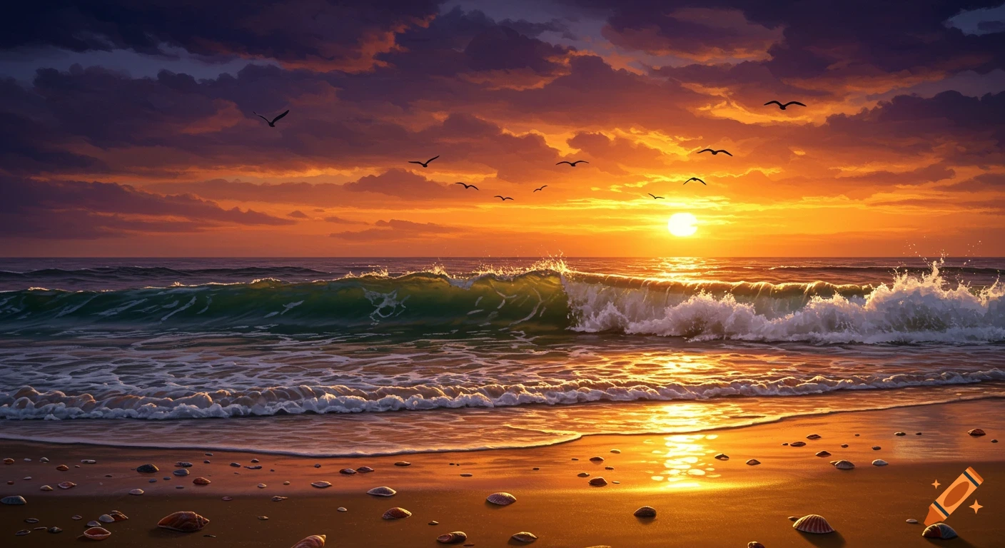 A vibrant sunset over a beach with large waves crashing onto golden sand, scattered seashells, and birds flying in an orange and purple sky.