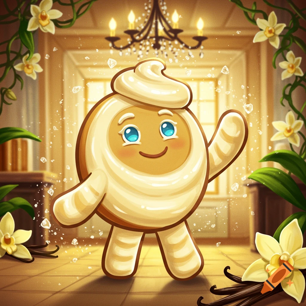 A cute, smiling vanilla cookie character with blue eyes waves in a lavish room with vanilla flowers and sugar sprinkles.
