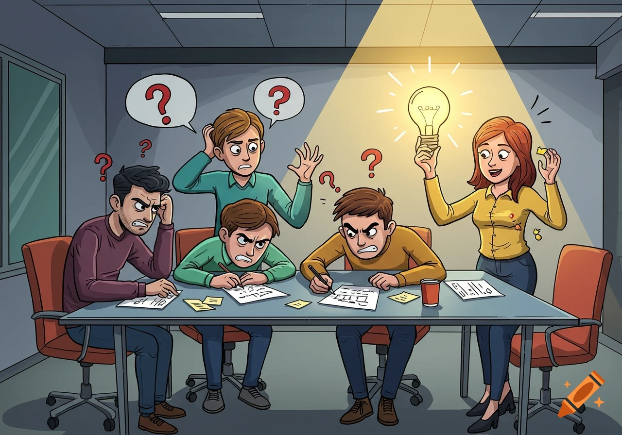 Cartoon of a diverse group in a meeting, four people look confused while one woman has a bright idea, holding a lightbulb.