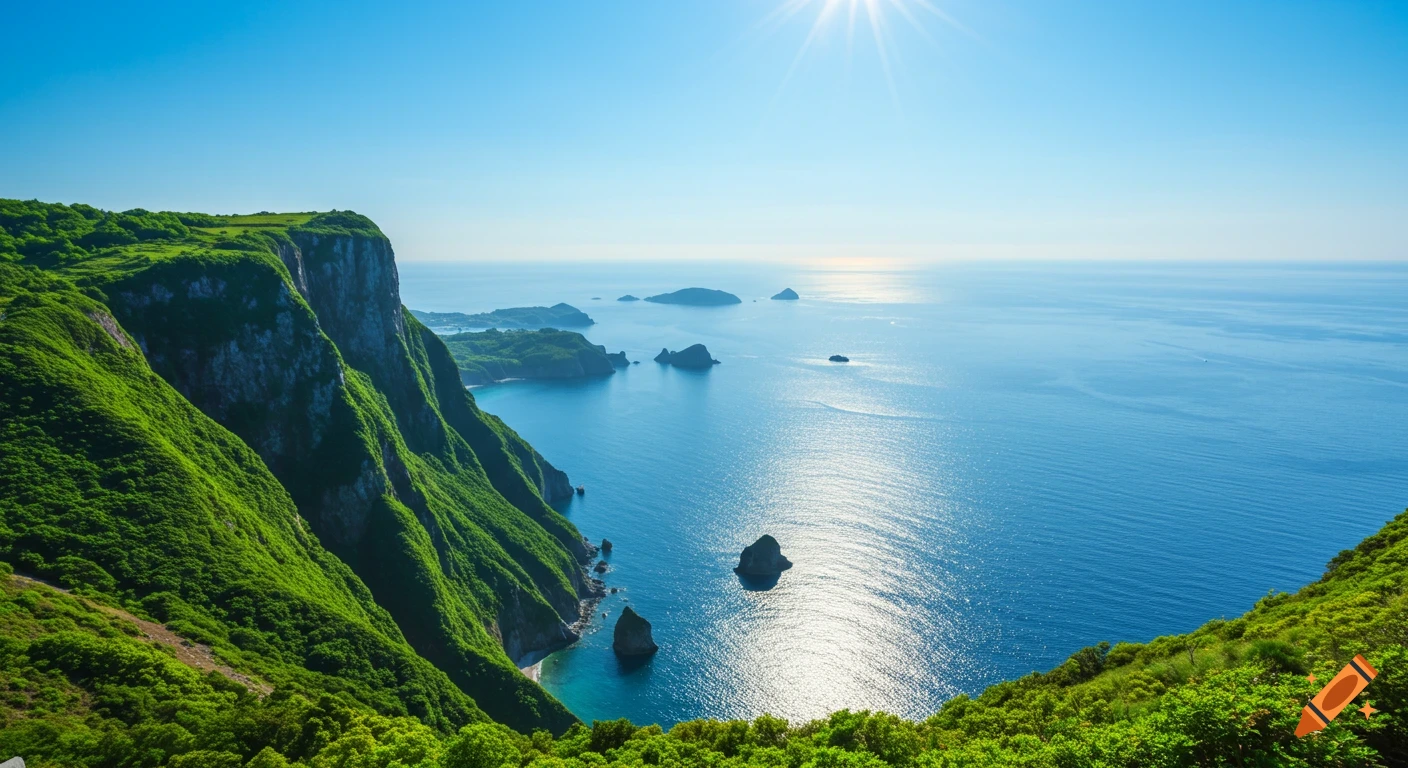 Lush green coastal cliffs overlook a serene blue ocean with rocky islands under a clear, sunny sky, sunlight sparkling on the water.