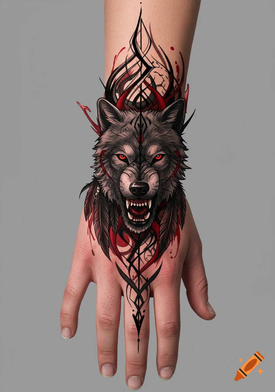 A stylized fierce wolf tattoo with red eyes, tribal patterns, and feathers on a hand and wrist.