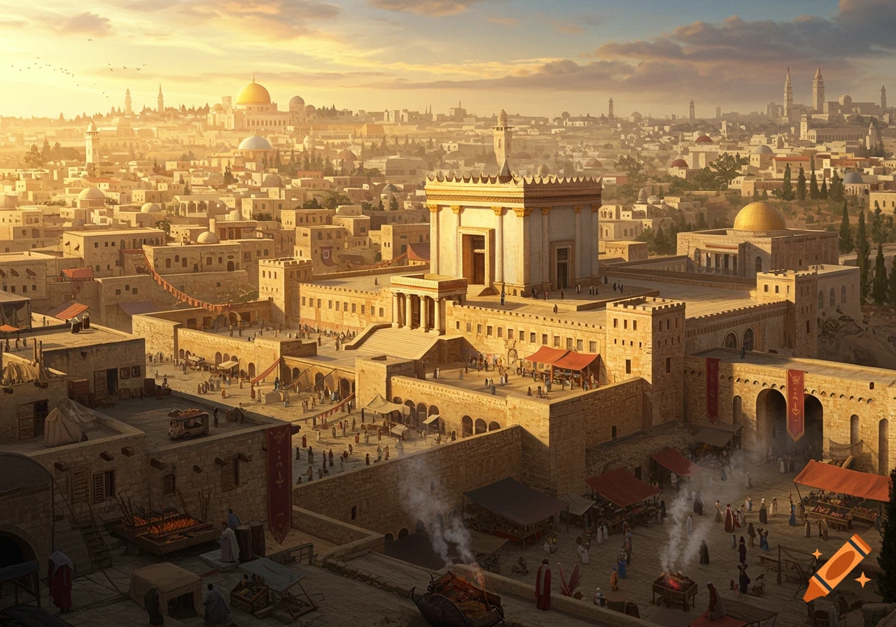 A panoramic view of an ancient city with a grand temple at its center, bathed in golden sunset light.