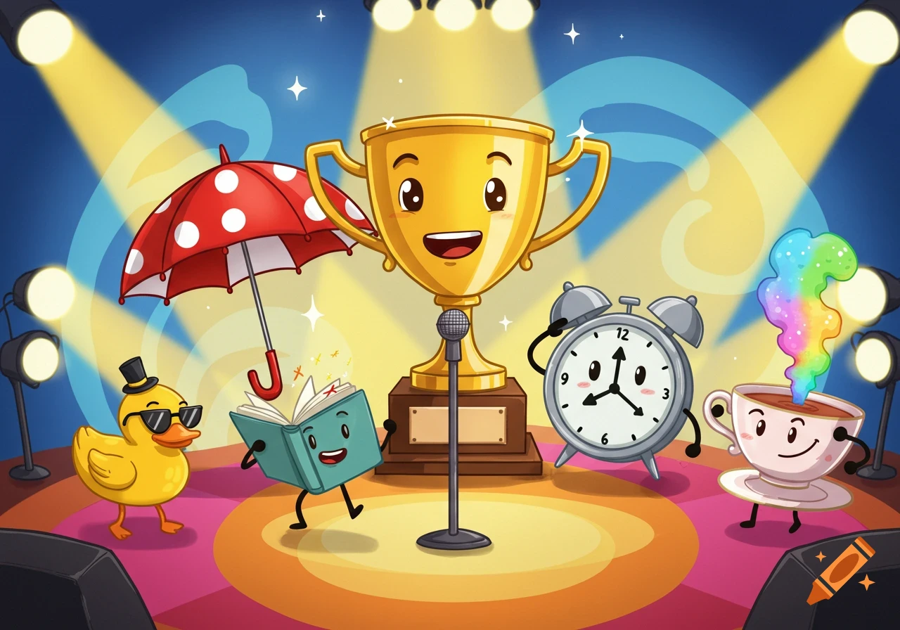 Cartoon illustration of personified objects on a stage under spotlights, including a trophy, umbrella, duck, book, alarm clock, and teacup.