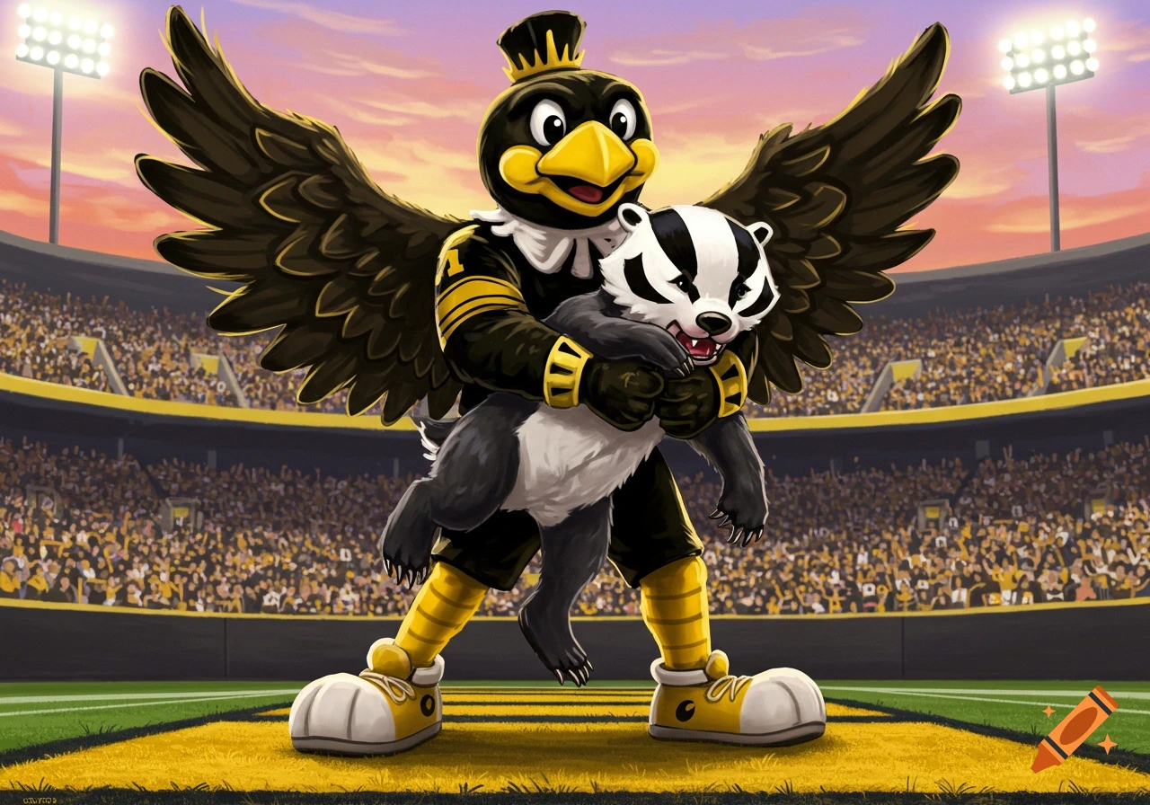 Cartoon illustration of the Hawkeyes mascot, Herky, holding a badger mascot in a football stadium at sunset.