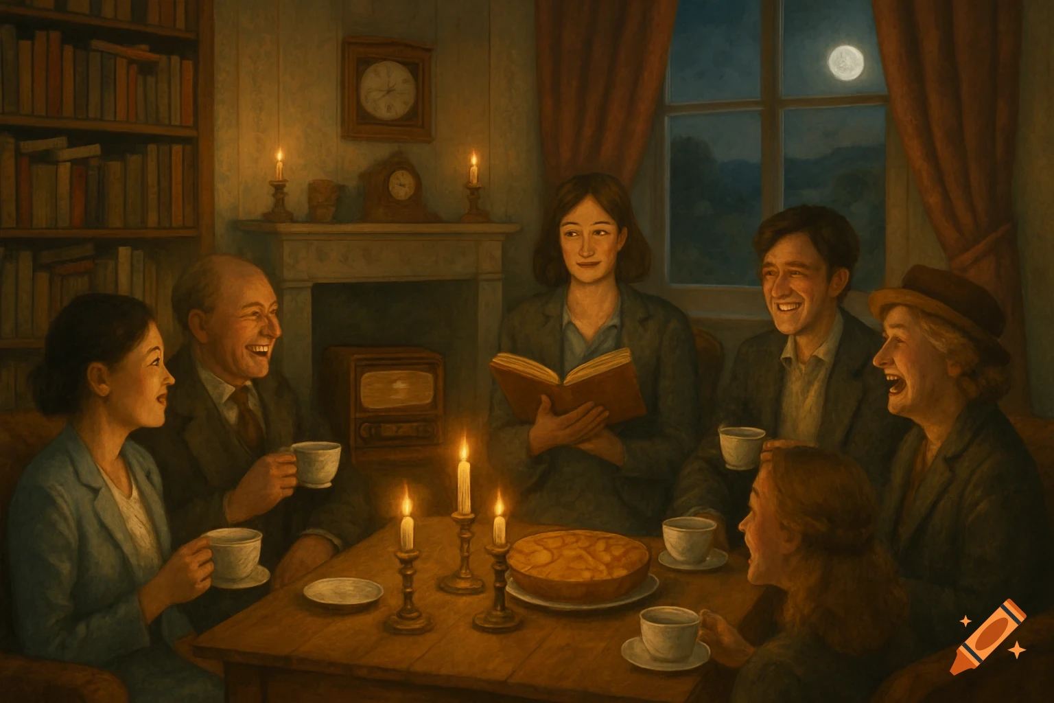 A group of people sharing a meal and reading around a candlelit table in a cozy, painterly room at night.