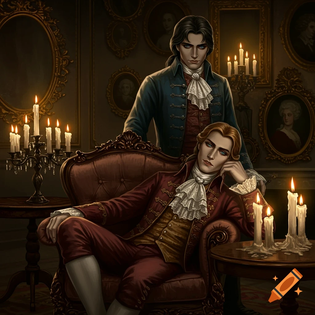 Two pale-skinned men in elaborate 18th-century noble attire, one seated in a red armchair, the other standing behind him, in a dimly lit, candlelit room with ornate framed portraits.