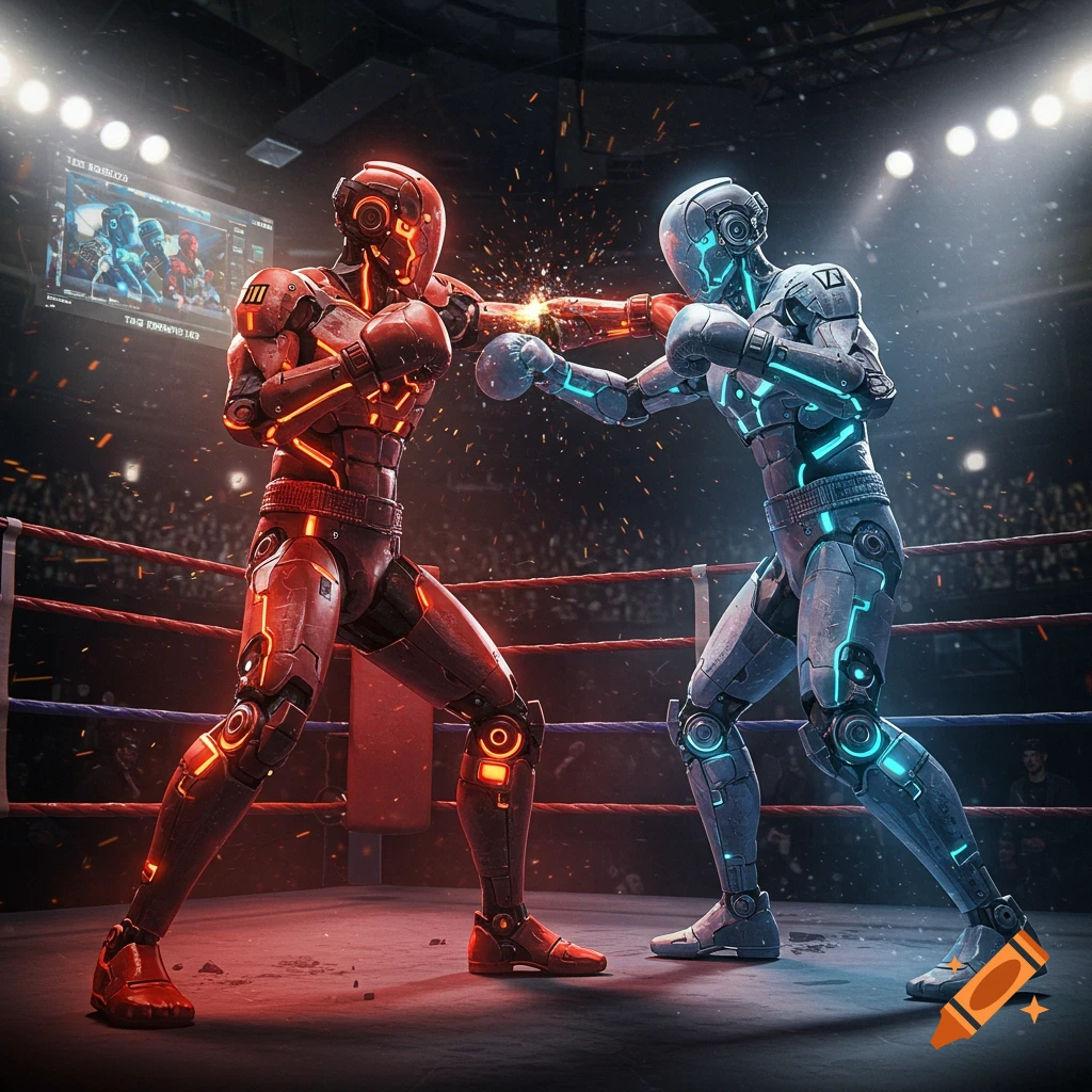 Two futuristic red and blue glowing robots box in a stadium ring, one landing a punch with sparks flying.