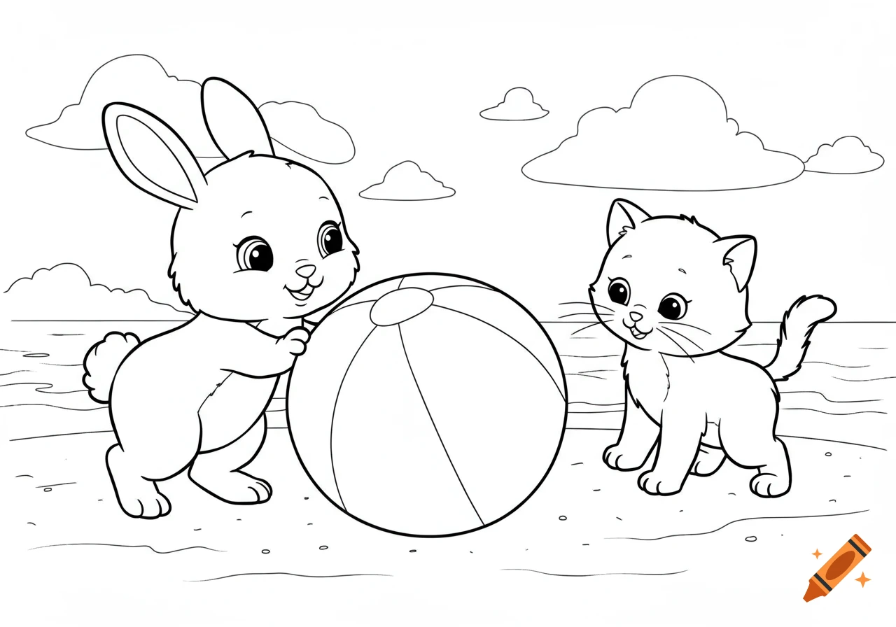 A black and white line art coloring page showing a cute baby bunny and kitten playing with a beach ball on a sandy beach.