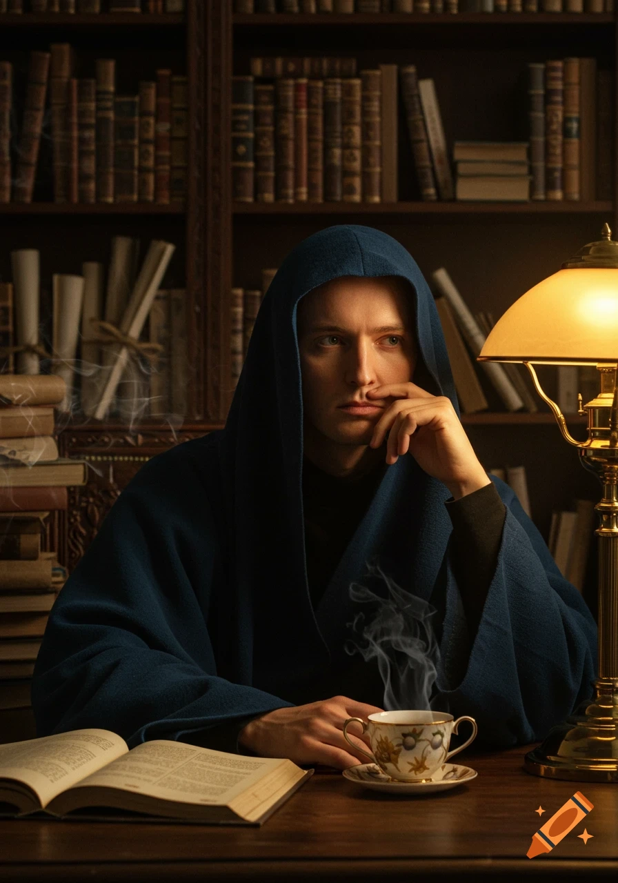 A person in a blue hooded robe sits at a wooden desk with an open book, a steaming teacup, and a lamp in a dimly lit library. Photorealistic.
