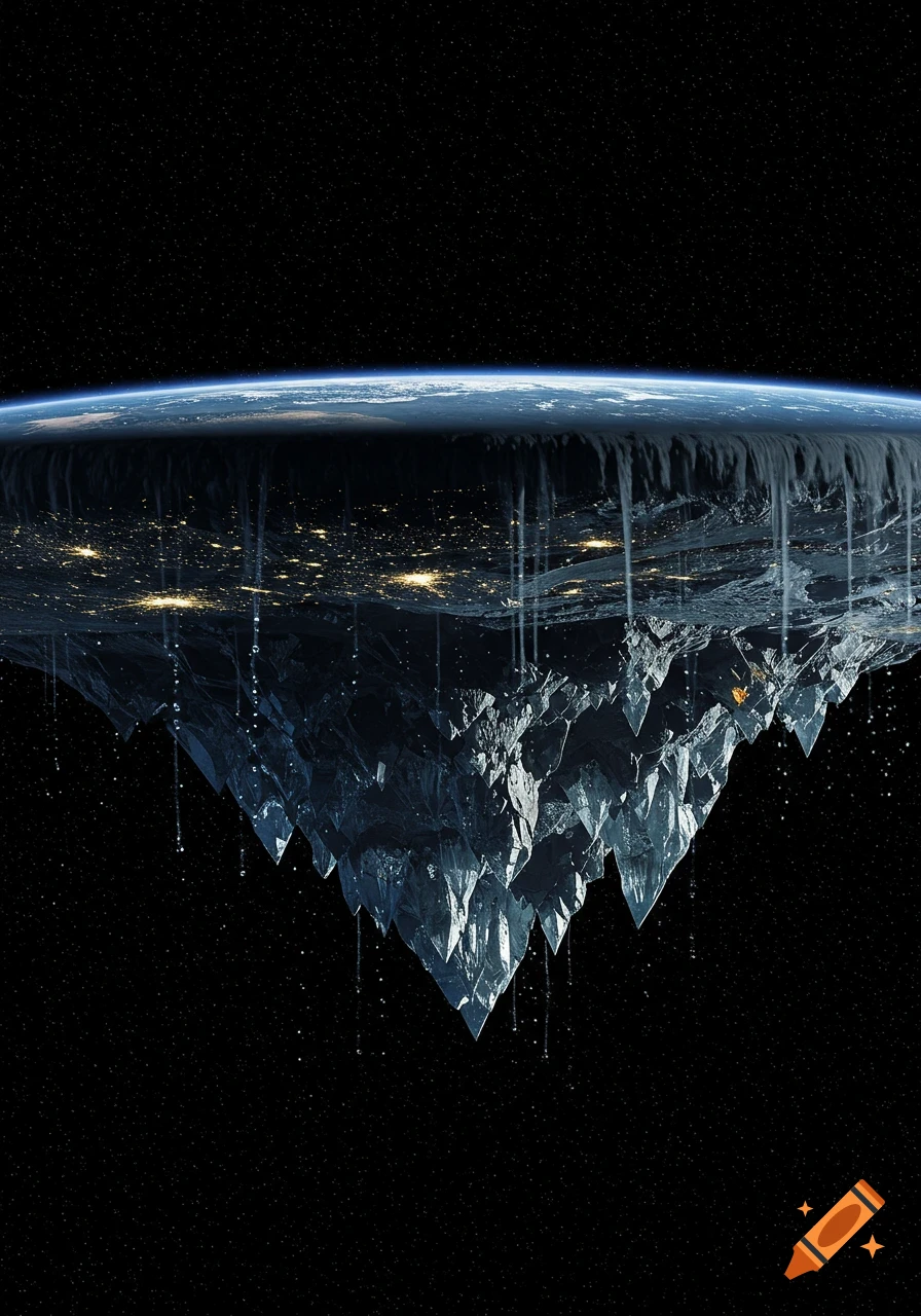 A conceptual view of a flat Earth from below, showing city lights on the underside and jagged crystal formations dripping water into space.