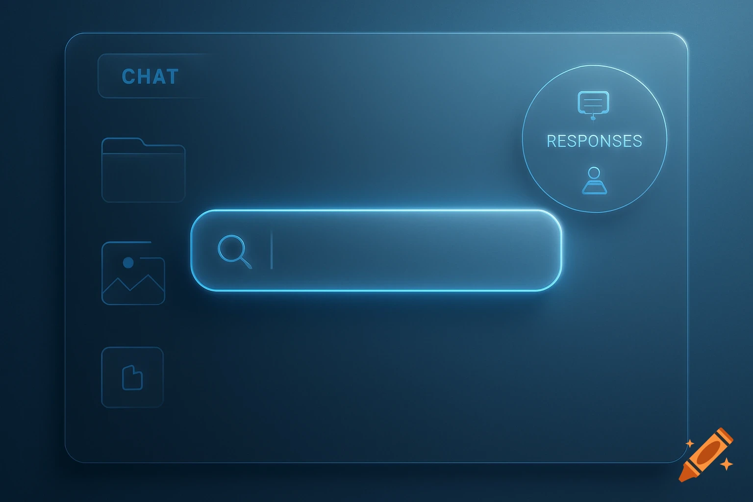 A dark blue glassmorphism user interface with glowing blue neon outlines, showing a search bar, folder, image, and document icons, with 'CHAT' and 'RESPONSES' labels.
