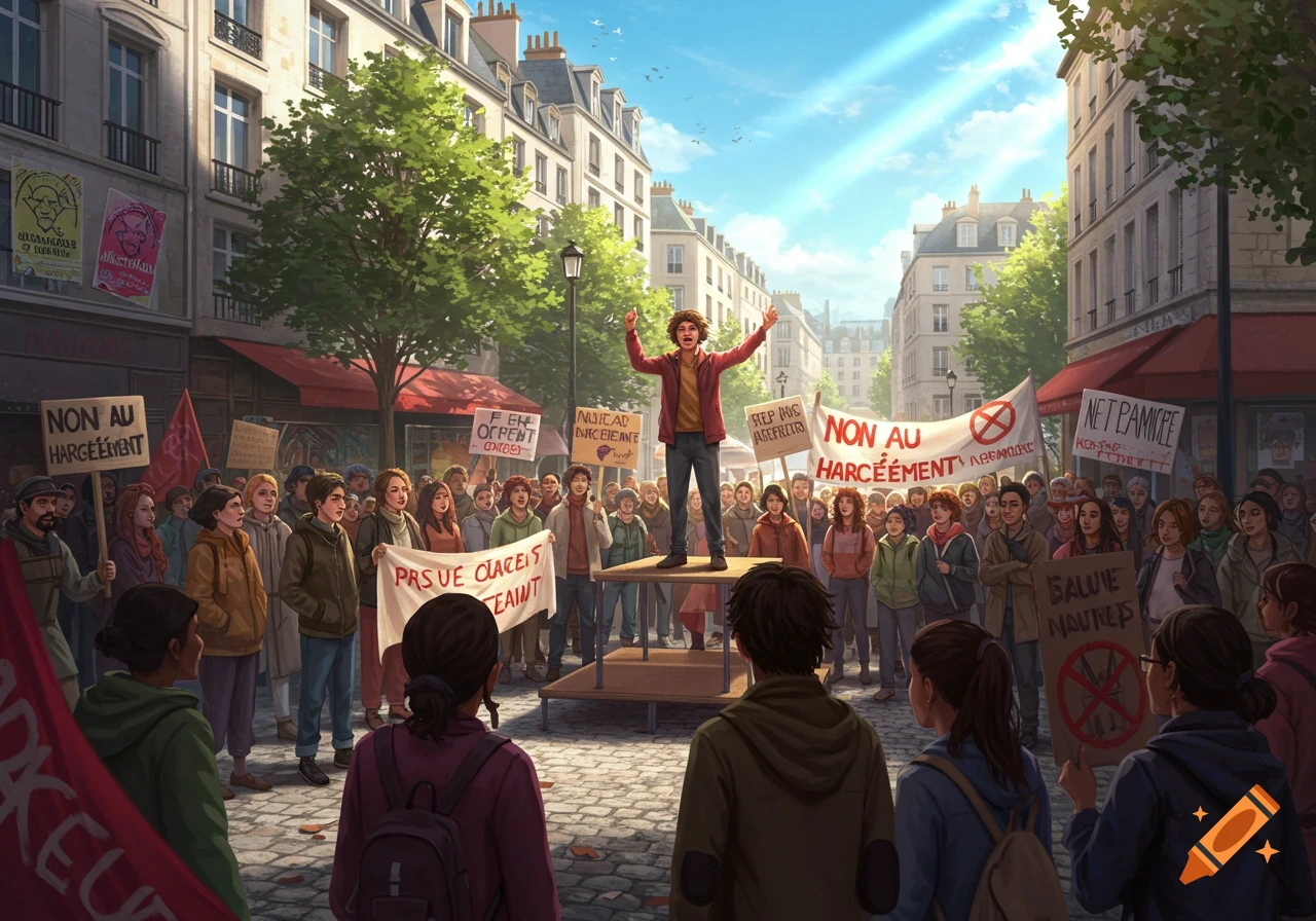 An illustration of a protest in a city street, with a person speaking to a crowd holding banners, including one that reads 'NON AU HARCÉLEMENT'.