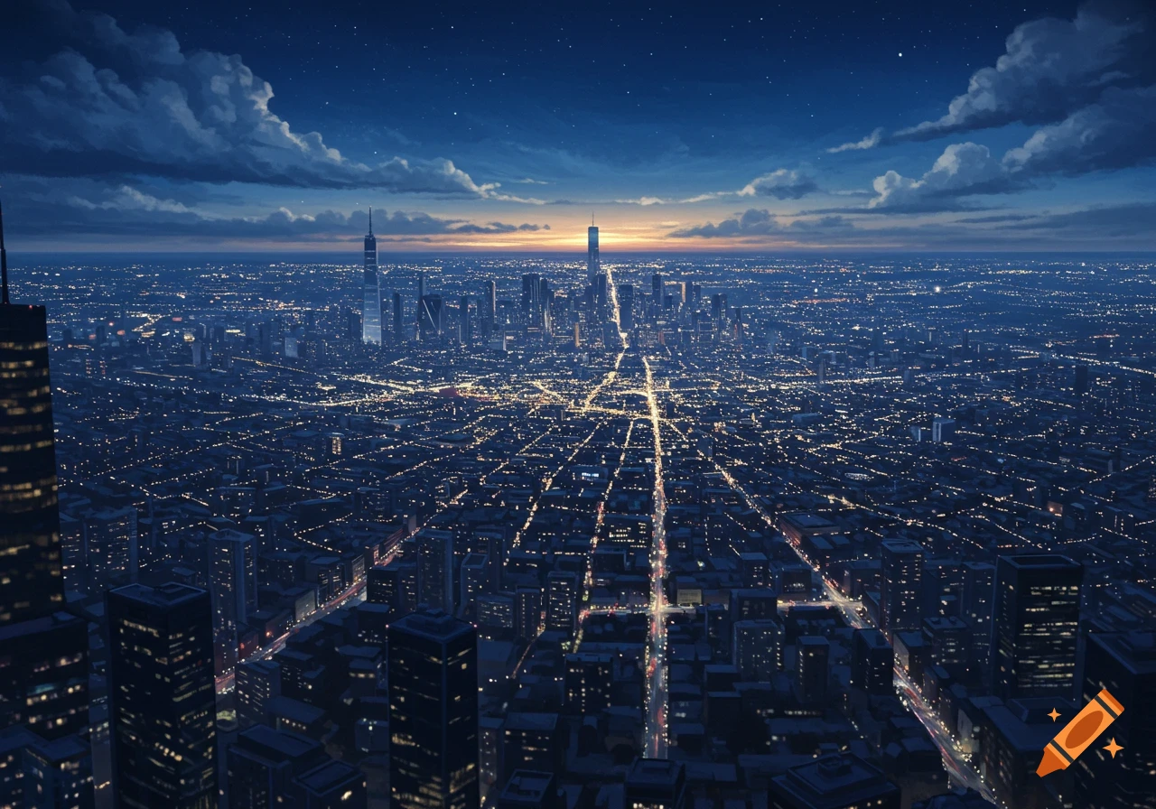 An aerial, stylized view of a vast city at night, with countless glowing lights illuminating streets and buildings under a starry sky.