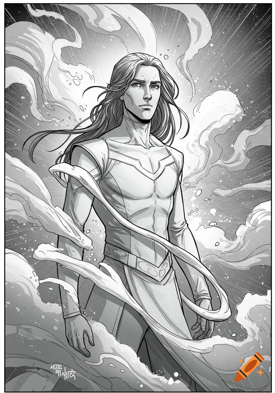 A serious, long-haired man in a detailed, futuristic suit stands amidst swirling clouds, in a monochromatic comic book style.