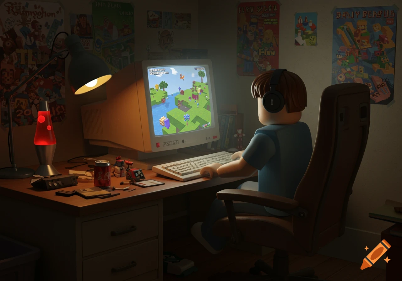 A stylized figure with headphones plays a block-building video game on a vintage CRT monitor in a dimly lit room with posters and a lava lamp.