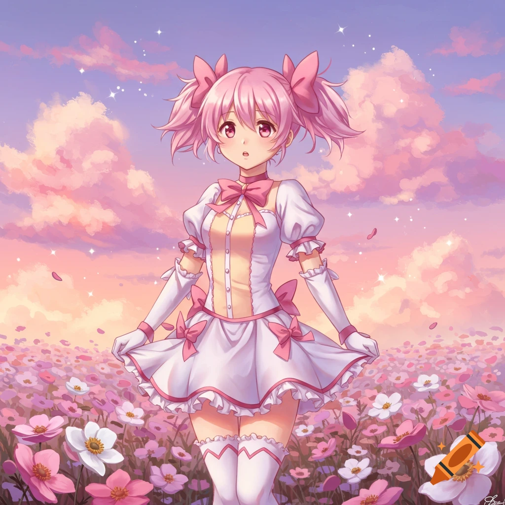 An anime girl with pink pigtails and a white and pink dress stands in a vibrant field of flowers under a pastel sky.