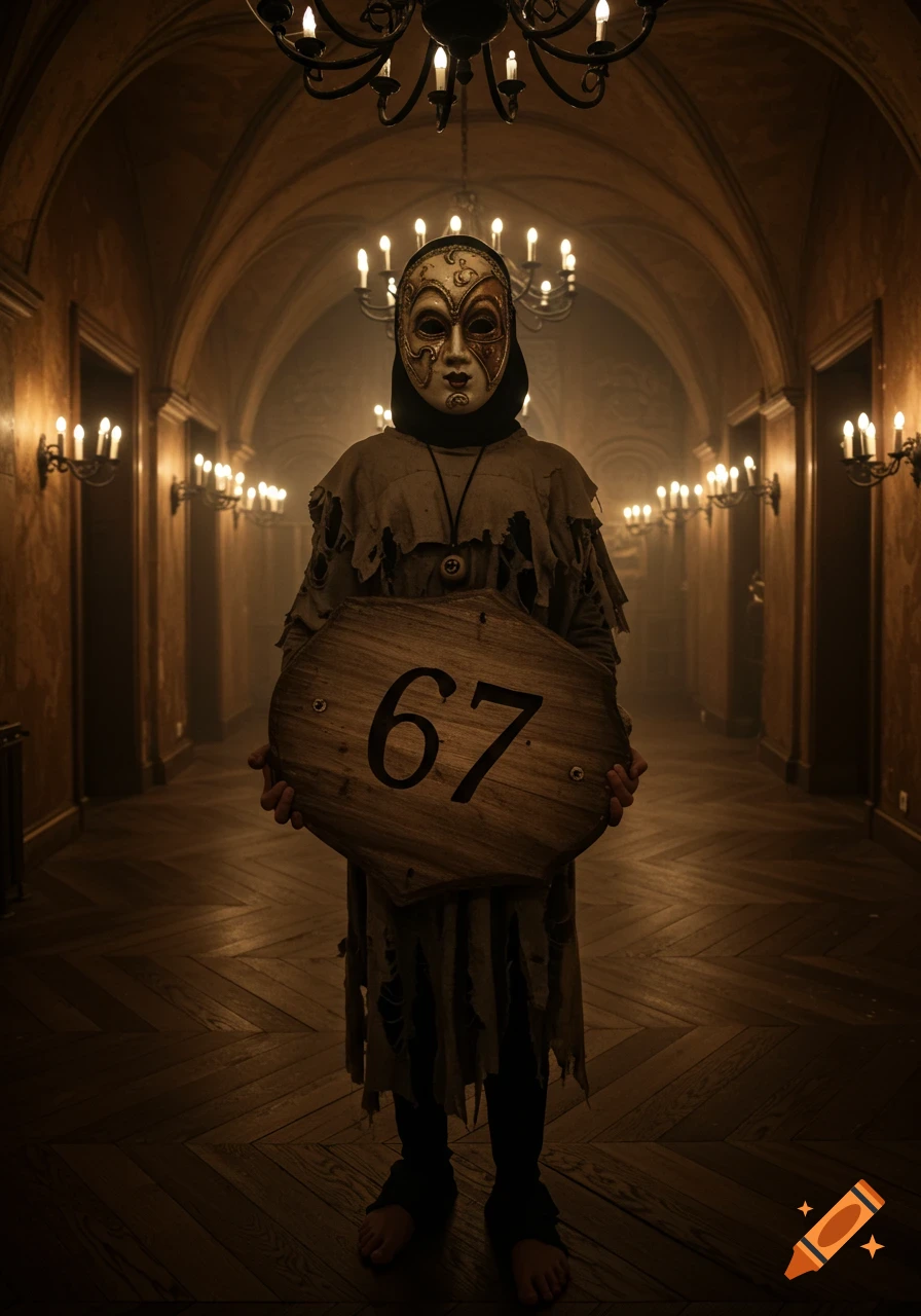 A person in a scary Venetian-style mask and tattered clothes holds a wooden plaque with "67" in a dimly lit, arched hallway with chandeliers and sconces.