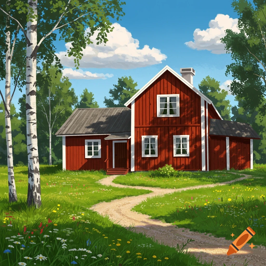A red house with white trim in a vibrant green meadow with wildflowers and birch trees under a blue sky, in an illustration style.