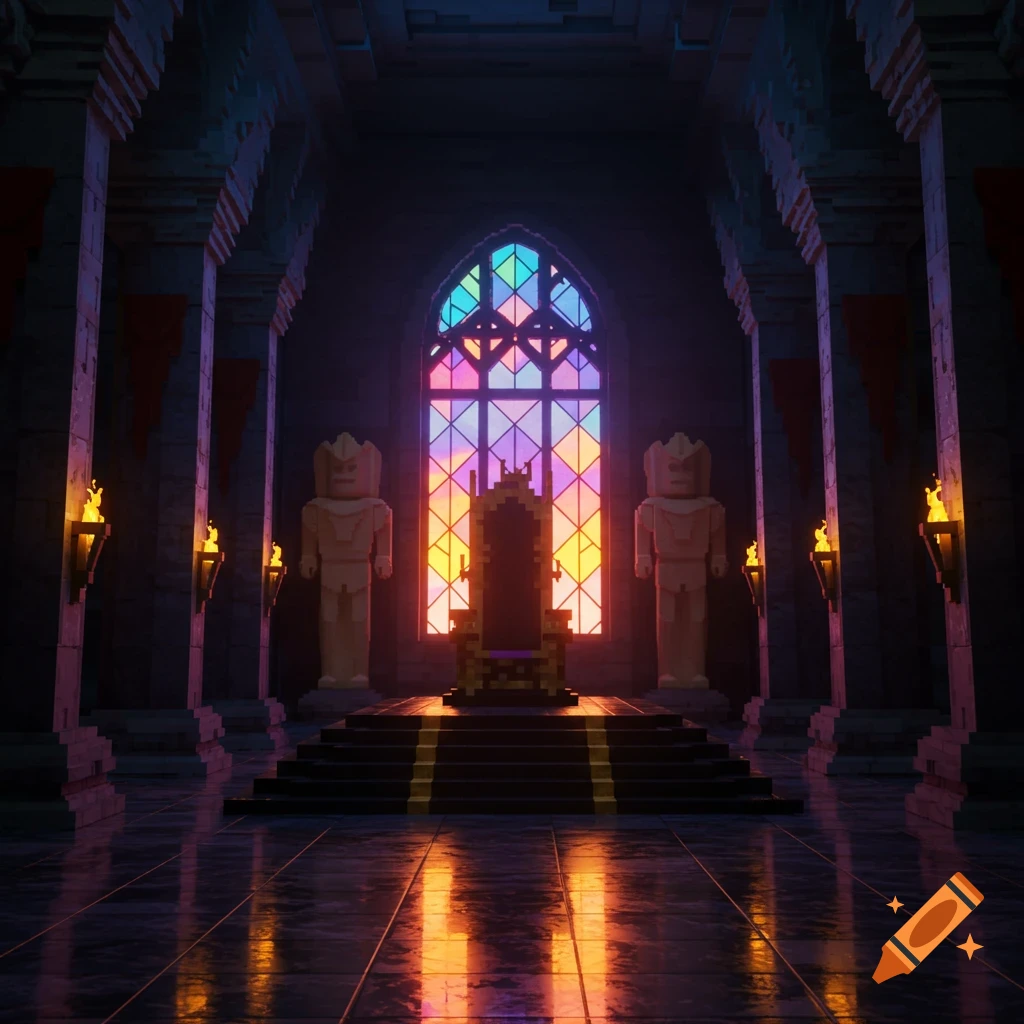 A dimly lit voxel art throne room with a golden throne, colorful stained-glass window, stone statues, and torchlit pillars.