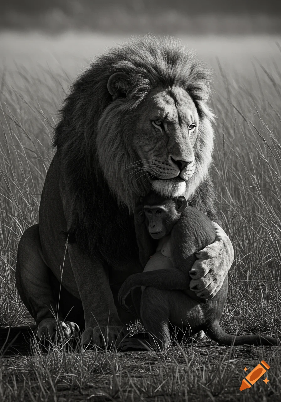 Black and white photorealistic image of a lion gently hugging a monkey in a grassy landscape.