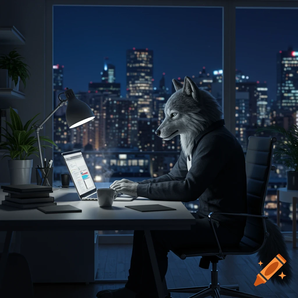 Photorealistic image of a wolf person in a suit working on a laptop in a high-rise office at night, overlooking a city skyline.