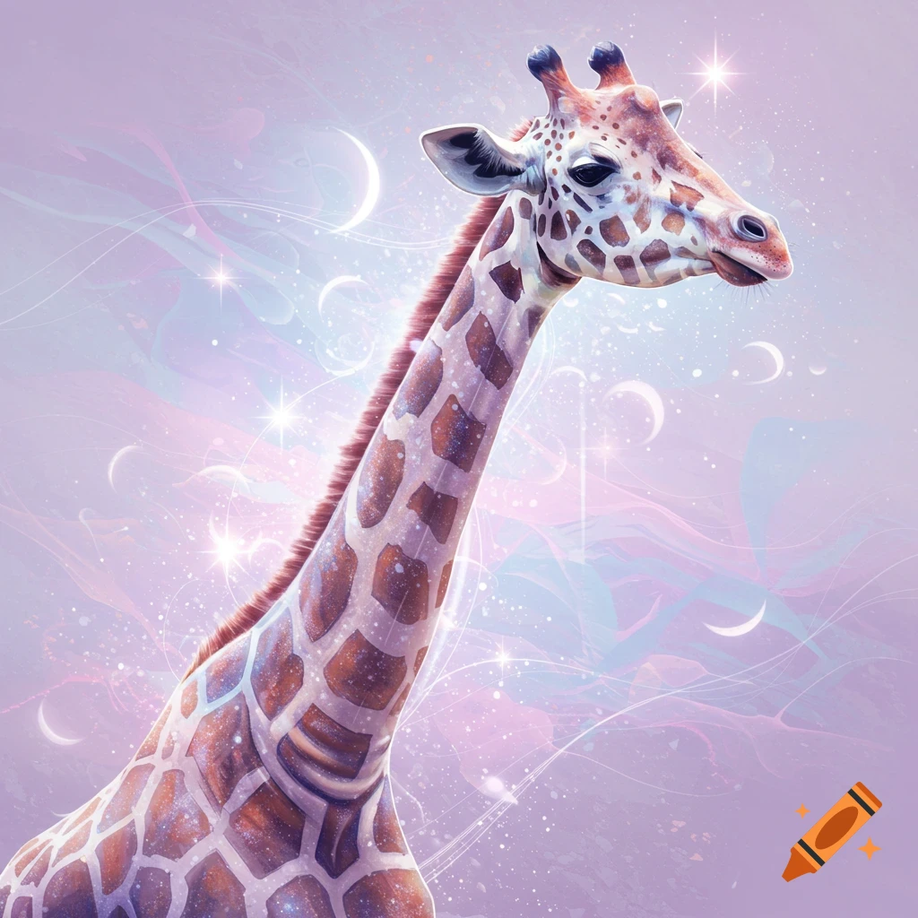 An ethereal giraffe with celestial patterns on its fur, set against a dreamy pastel background with moons and stars.