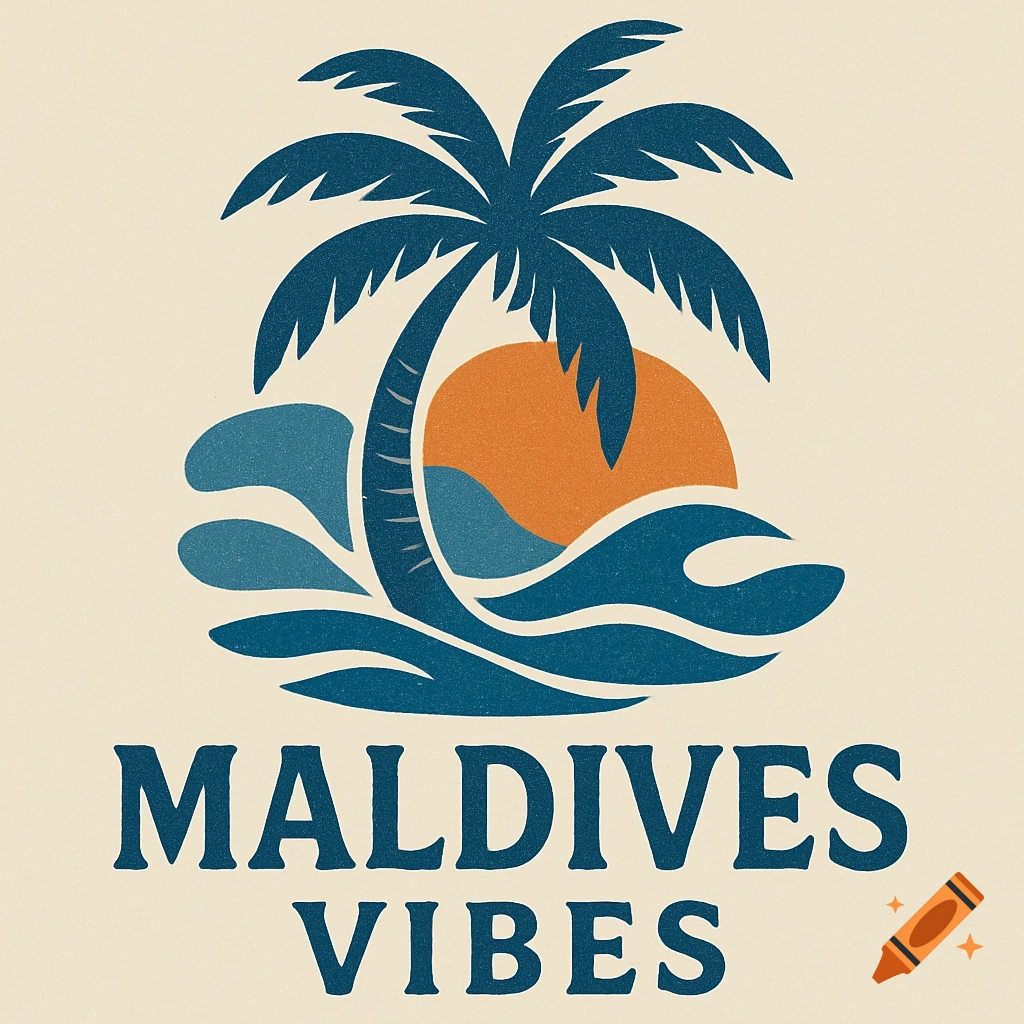A retro-style logo illustration featuring a dark blue palm tree, orange sun, and blue waves on a cream background, with text 'MALDIVES VIBES'.