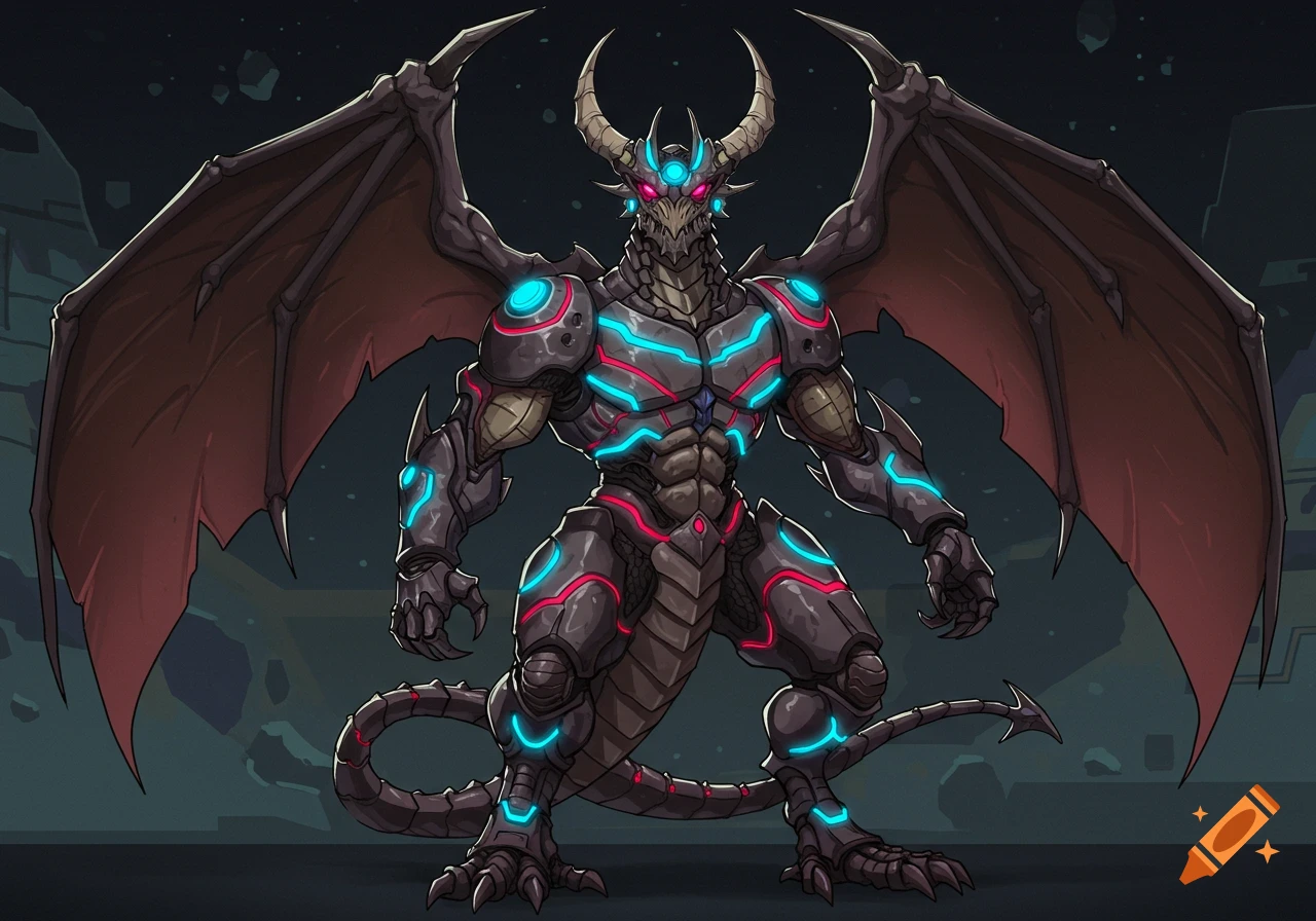 A retro 80s anime-style sci-fi dragon in dark futuristic armor with glowing blue and red neon lights, standing against a dark, abstract tech background.