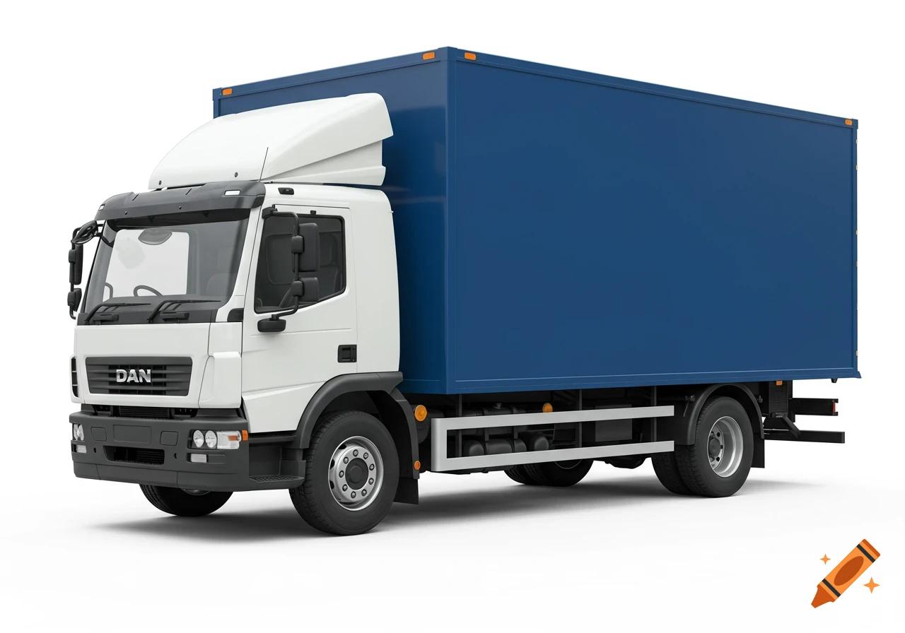 Photorealistic side 3/4 view of a medium-duty truck with a white cab and blue box body, isolated on a pure white background.