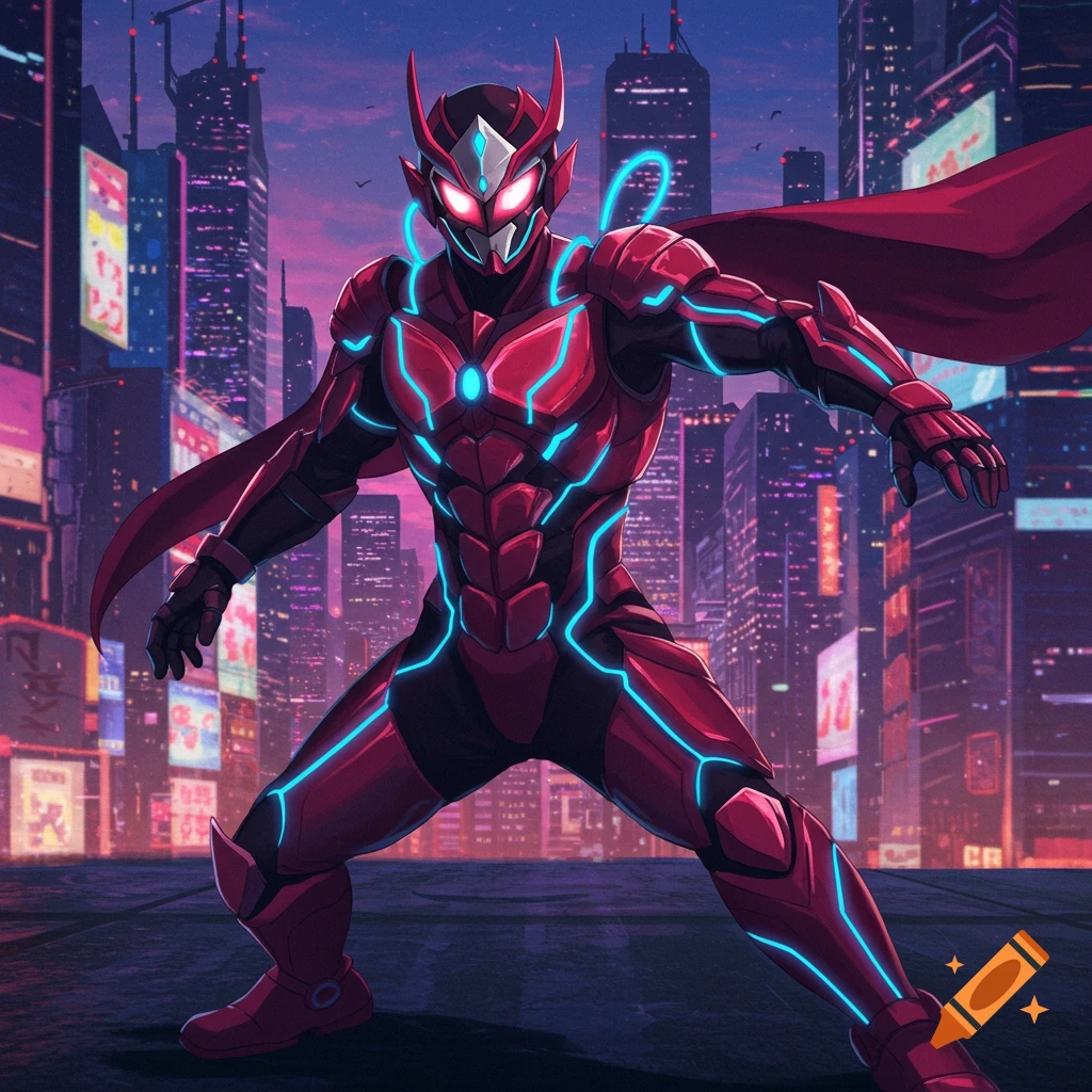 A red and black anime superhero with glowing blue accents stands in a dynamic pose against a neon cyberpunk city skyline.