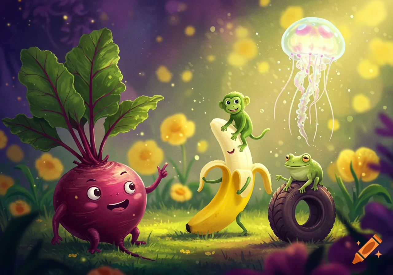 A whimsical cartoon scene with a smiling beetroot creature, a green monkey on a banana creature, a frog on a tire, and a jellyfish floating in a field of yellow flowers.