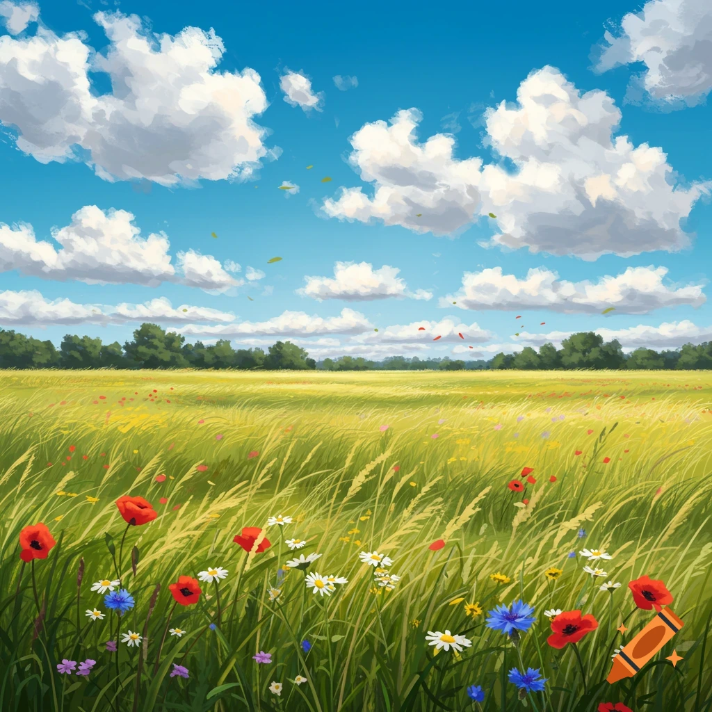 A vibrant artistic painting of a green and yellow field with colorful wildflowers under a bright blue sky with fluffy clouds.