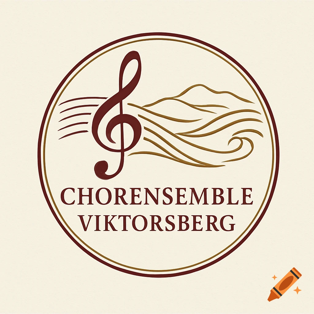 A circular logo with a maroon treble clef, brown wavy lines of mountains and water, and the text "CHORENSEMBLE VIKTORSBERG" on a cream background.