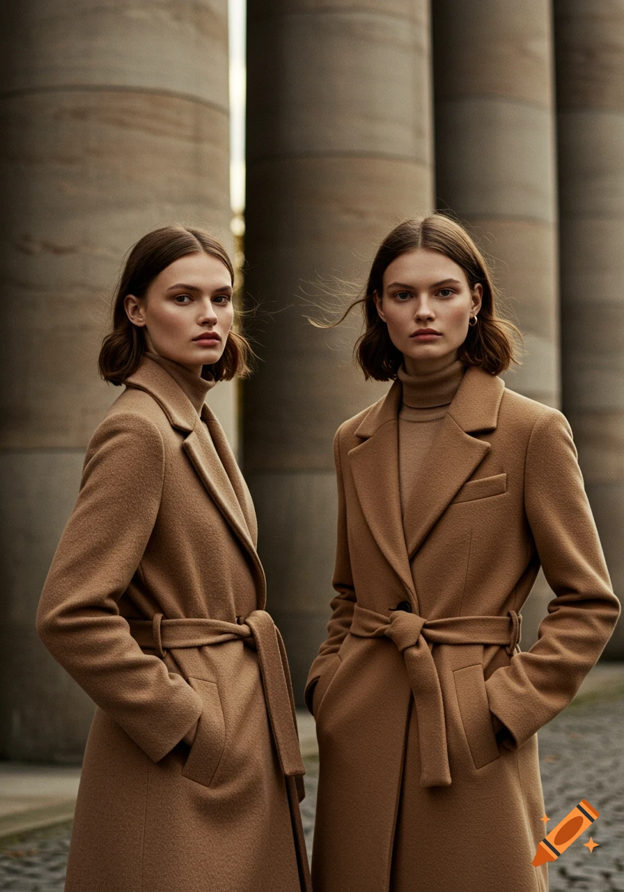 Two women with bob haircuts, dressed in matching camel-colored coats and turtlenecks, stand outdoors against a blurred architectural background.